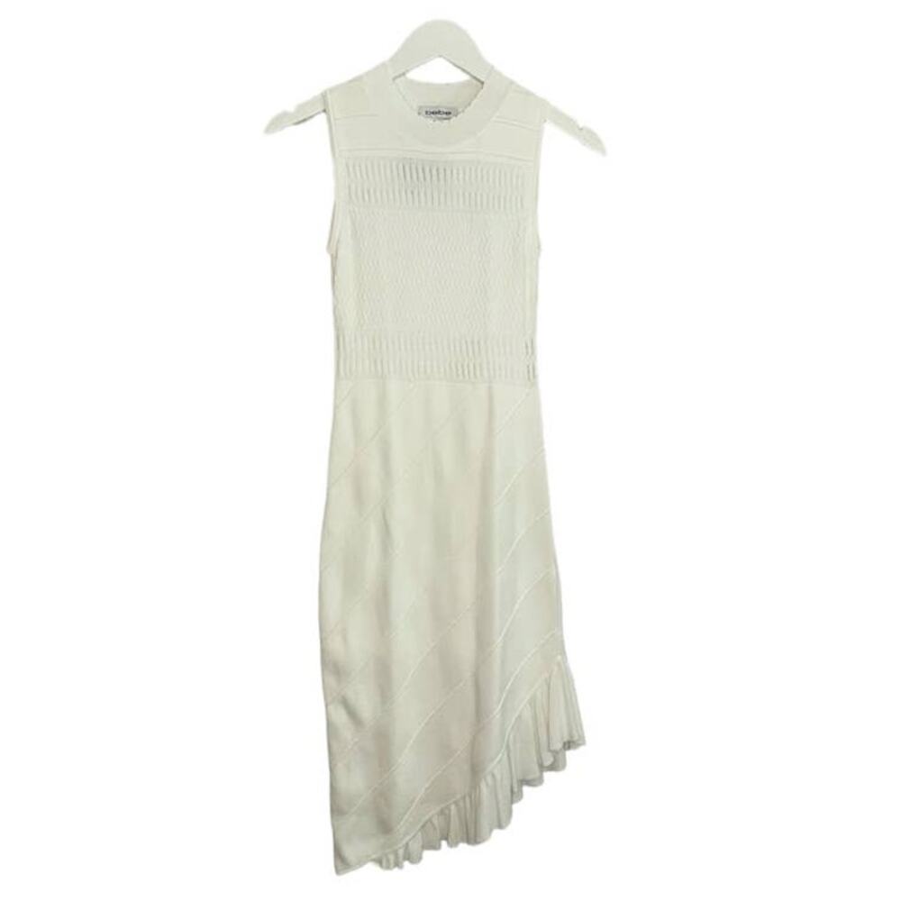 NWT Bebe White Bodycon Scalloped Neckline Mesh Ruffled Diagonal Bottom Dress XS